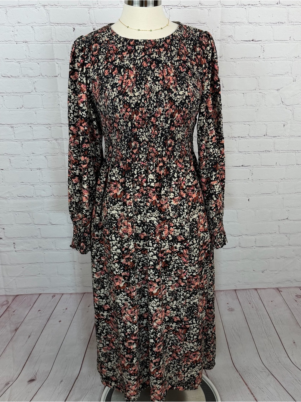 Fat Face Black Ditsy Floral Midi Dress Sz 8 cottagecore, hippie, prairie